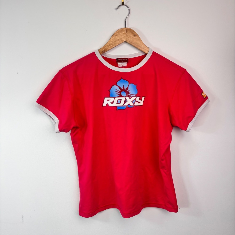 Y2K Roxy Quiksilver Red Hibiscus Ringer Surf Skate Baby Tee Size 16